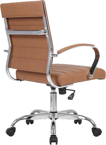 LANDSUN Home Office Chair Mid Back Desk Chair PU Leather Ribbed Executive Swivel Computer Chair with Wheels and Armrests Soft Padded Adjustable Height Conference Task Brown