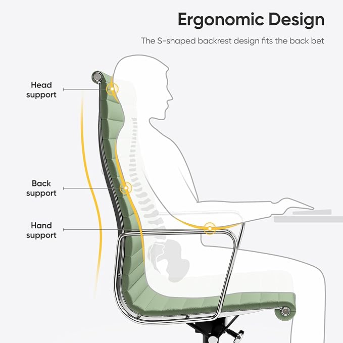 Ribbed Office Chair with Top Grain Leather - High Back Ergonomic Desk Chair with Aluminum Arm Rest and 5-Star Base, Swivel Chairs Light Green