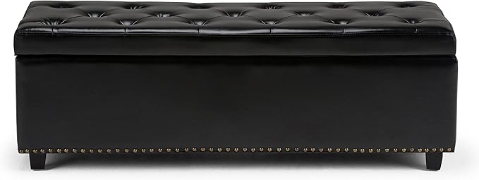 SIMPLIHOME Hamilton 48 inch Wide Transitional Rectangle Storage Ottoman in Midnight Black Vegan Faux Leather, Assembled, For the Living Room, Entryway and Family Room