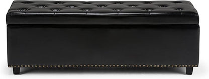 SIMPLIHOME Hamilton 48 inch Wide Transitional Rectangle Storage Ottoman in Midnight Black Vegan Faux Leather, Assembled, For the Living Room, Entryway and Family Room