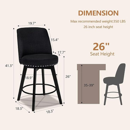 MINCETA Bar Stool, 26 Inch Upholstered Barstool with High Back and Footrest, Swivel Counter Height Barstool for Kitchen Island Home Bar Black