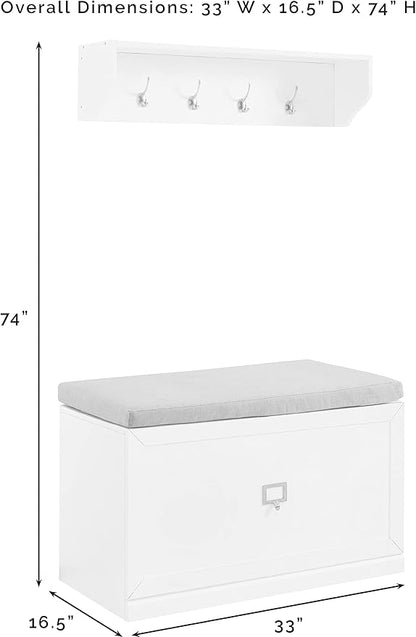 Crosley Furniture Harper 2-Piece Entryway Set with Shoe Rack Storage Bench and Wall Shelf with Coat Hooks, White