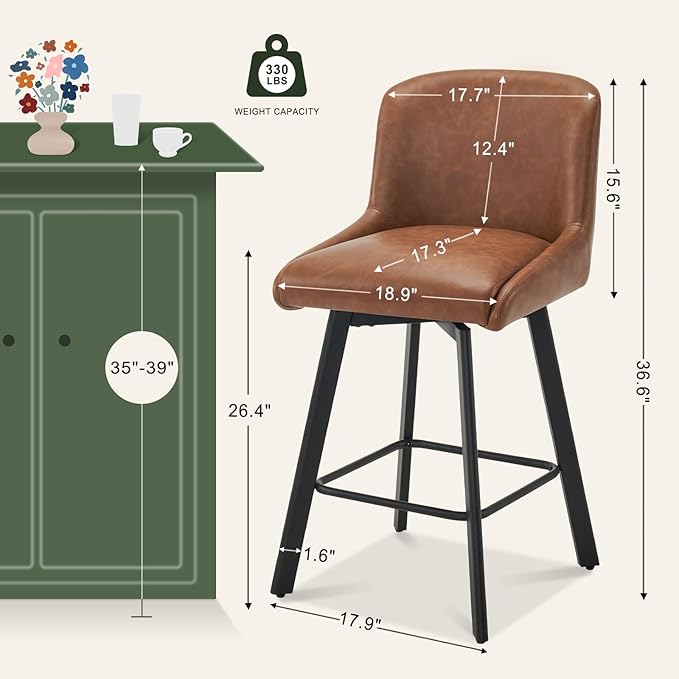 Swivel Bar Stools Set of 6, 26''H Upholstered Barstools with Backs, Modern Counter Height Bar Stool Chairs for Kitchen Island, Metal Legs, Faux Leather, Brown Counter Stools