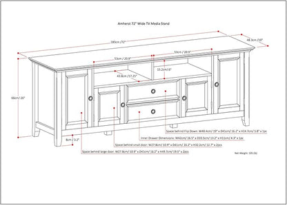 SIMPLIHOME Amherst 72-inch Wide Solid Wood TV Stand in Brunette Brown, Transitional-Style Media Console for Living Room with Cable Management and Adjustable Shelves, Fits 80" TVs