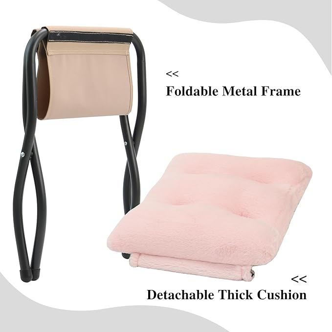 15"(H) Folding Ottoman, Foldable Footrest Stool, Portable Small Foot Stool for Couch, Collapsible Foot Rest Ottoman for Sofa, Accent Padded Ottomans for Living Room, Bedroom, Pink