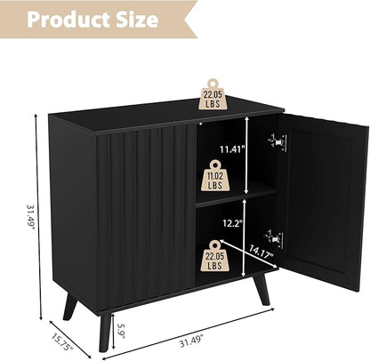Fluted Sideboard Buffet Cabinet with 2 Doors, Modern Storage Cabinet with Adjustable Shelves, Wood Console Table for Kitchen Dining Living Room Entryway (Black)
