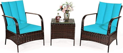 COSTWAY 3 Pieces Patio Rattan Furniture Set, Outdoor Conversation Chair Set with Coffee Table & 2 Cushions for Backyard, Porch, Poolside, Lawn, Garden, Turquoise