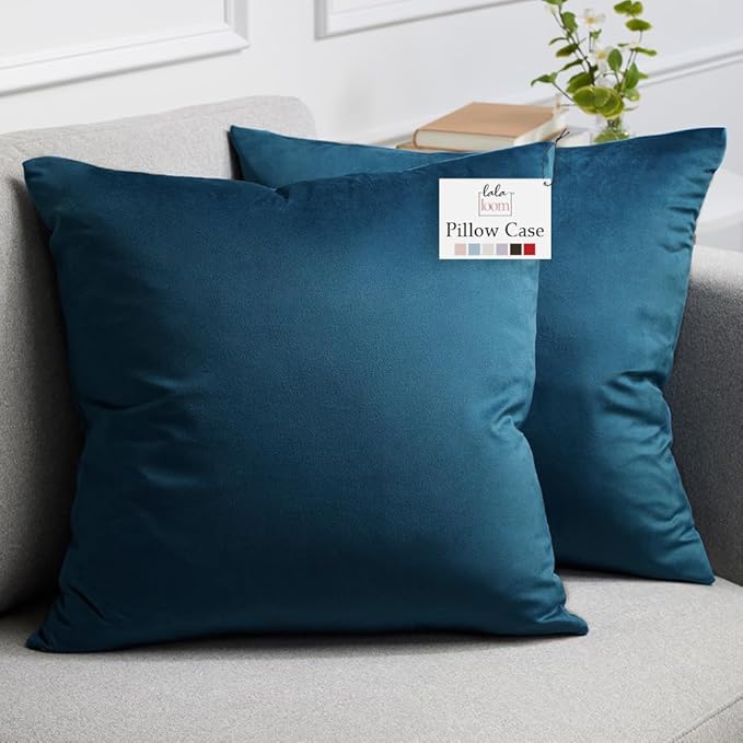 lalaLOOM Velvet Throw Pillow Covers, Set of 2, 18x18 Decorative Square Pillows Home Decor, Soft Accent Cases, Silky Machine Washable Pillowcases for Sofa, Couch, Bedroom, Living Room, Peacock