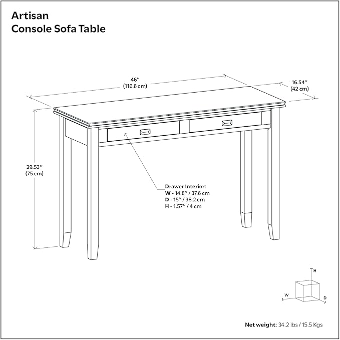 SIMPLIHOME Artisan Console Table - 46 Inch Wide Solid Wood Sofa Table in Natural Aged Brown, Transitional Storage Table for Entryway or Living Room with 2 Drawers and Clean Angle-Edged Top