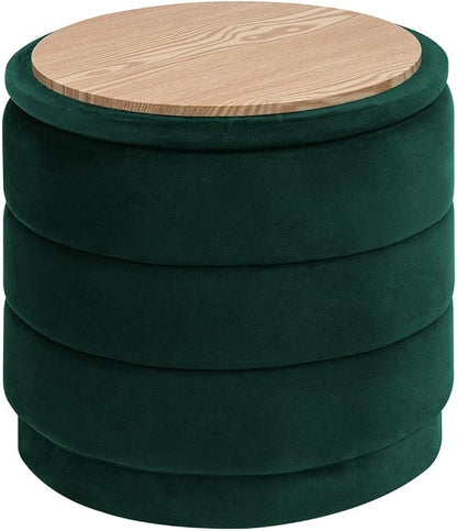 PINPLUS Round Velvet Ottoman Tray, Bottle Green Upholstered Decorative Accent for Footstool or Coffee Table, Removable Serving Surface