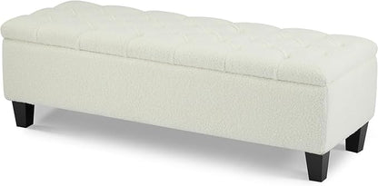 Christopher Knight Home Ottilie Boucle Fabric Storage Ottoman Bench, Wooden Rectangular Ottoman with Storage, Bedroom End of Bed Foot Stool, Entryway Ottoman Footrest, Living Room Extra Seat, White