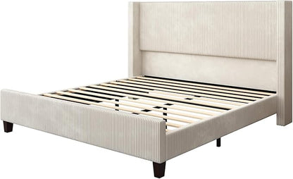 HOWE California King Size Upholstered Platform Bed Frame, Wingback Bed with 50.8" Headboard, Corduroy/Solid Wood Leg/No Box Spring Needed/Noise Free Sturdy Structure/Cream