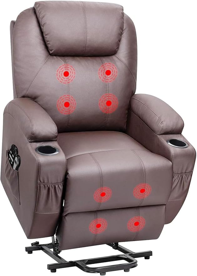 Flamaker Power Lift Recliner Chair Electric Lift Recliner for Elderly Power Lift Recliner Chair with Cup Holders Side Pockets for Living Room (Leather, Brown)
