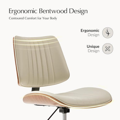 HULALA HOME Office Desk Chair with Solid Wood Legs, Adjustable Height & 360° Swivel, Comfy Bentwood Faux Leather Tufted Task Chair, Ivory