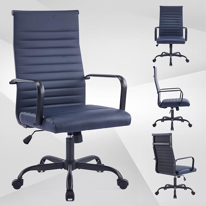 Office Chair, Ergonomic Executive Conference Room Chairs, Ribbed Leather Desk Chair with Lumbar Support, Adjustable Height Mid-Back Swivel Chair with Padded Seat