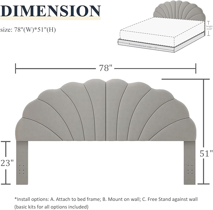 King Size Headboard Only, Petal Wall Mount Headboard King/California King Size for Adjustable Bed Velvet Upholstered Head Board Easy Assembly, Gray