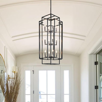High Ceiling Entryway Chandelier: 12-Light Farmhouse Lantern Chandelier, Industrial Large Pendant Light Fixtures, Foyer Chandeliers for High Ceilings, for Entry, Staircase, Hallway (Black & Silver)