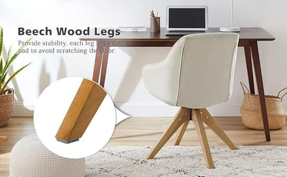 Zouron Mid Century Modern Swivel Accent Chair, Vanity Chair with Wooden Legs, Upholstered Arm Chair No Wheels, Accent Side Chair for Small Space Home Office Living Room Bedroom, Raw White