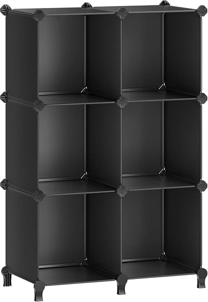 SONGMICS 6 Cube Storage Organizer, Modular Bookshelf, DIY Closet Organizers and Storage, Plastic Stackable Shelves, 11.8 x 11.8 x 11.8 Inch Cubes, with Feet and Rubber Mallet, Black ULPC06H