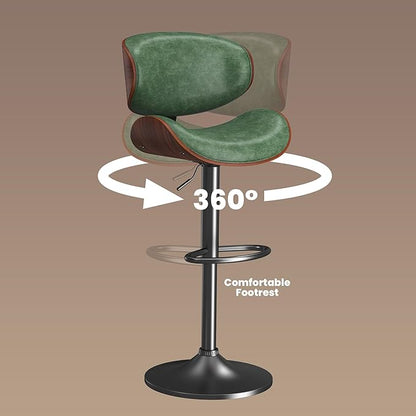 Bar Stools, Bar Stools for Kitchen Island with Bentwood Back and Leather Seat, Swivel Bar Stools for Kitchen Counter, Bar, Green, Set of 1, NX_NIL1