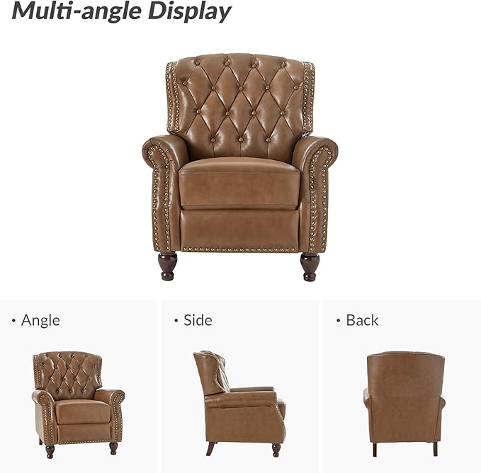 HULALA HOME Genuine Leather Recliner Chair Set of 2 w/Solid Wood Legs, Modern Adjustable Tufted Push Back Arm Chair w/Rivet Decoration, Home Theater Seating Reclining Sofa for Living Room, Camel