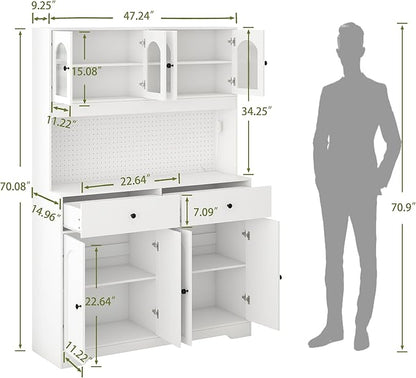 70" Pantry Cabinet with Pegboard, Kitchen Pantry Storage Cabinet with Shelves & Drawer, Adjustable Shelves, LED Light & Power Outlets for Dining Room (White)