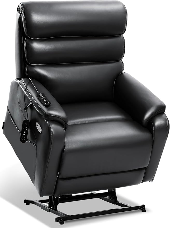 EONIX Wide Lay Flat Power Lift Recliner Chair for Elderly, Heavy Duty Oversized Breathable Faux Leather Lift Chairs Recliner Sofa with Heat and Massage and Charging Ports, Black