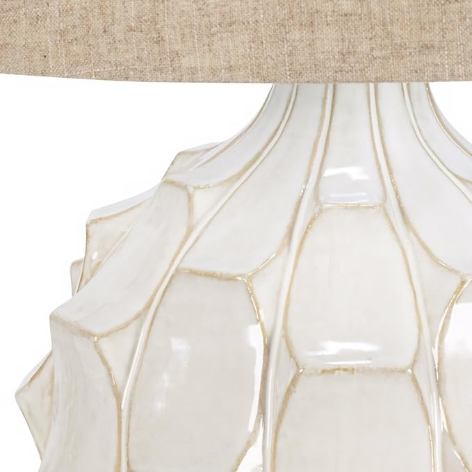 Possini Euro Design Cosgrove Mid Century Modern Table Lamp 26.5" High Ceramic White Glaze Light Brown Linen Drum Shade Decor for Living Room Bedroom House Bedside Nightstand Home (Color May Vary)