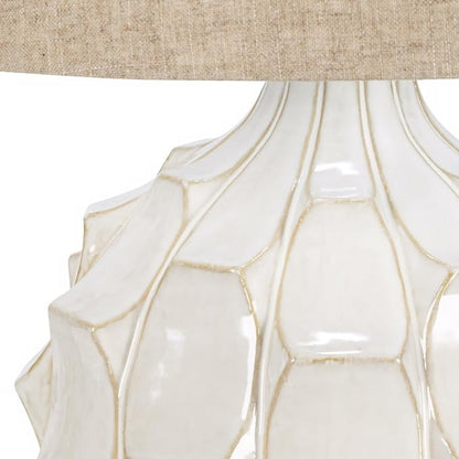 Possini Euro Design Cosgrove Mid Century Modern Table Lamp 26.5" High Ceramic White Glaze Light Brown Linen Drum Shade Decor for Living Room Bedroom House Bedside Nightstand Home (Color May Vary)