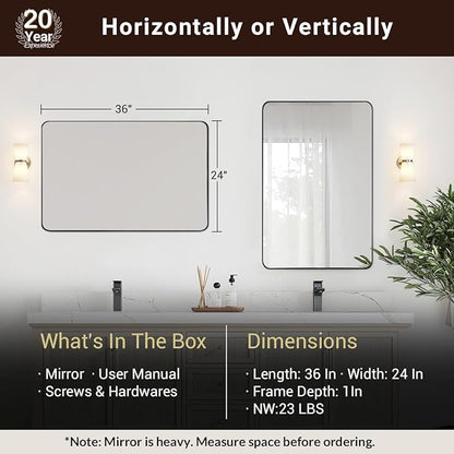 ANDY STAR Wall Mirror for Bathroom, 24x36 Inch Black Bathroom Mirror, Stainless Steel Metal Frame with Rounded Corner, Rectangle Glass Panel Wall Mounted Mirror Decorative for Bathroom