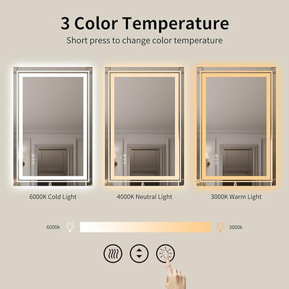 WTTY LED Bathroom Mirror 40"x30" with Back and Front Light,Modern LED Mirror for Bathroom,Stepless Dimmable Lighted Bathroom Vanity Mirror with Anti-Fog,Memory Function,Shatter-Proof