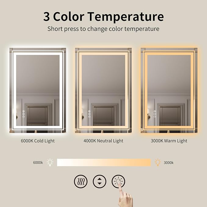 WTTY LED Bathroom Mirror with Backlit and Front Light,24"x36",Dimmable LED Mirror for Bathroom,Anti-Fog Lighted Bathroom Vanity Mirror Modern for Wall,Memory Function,Shatter-Proof