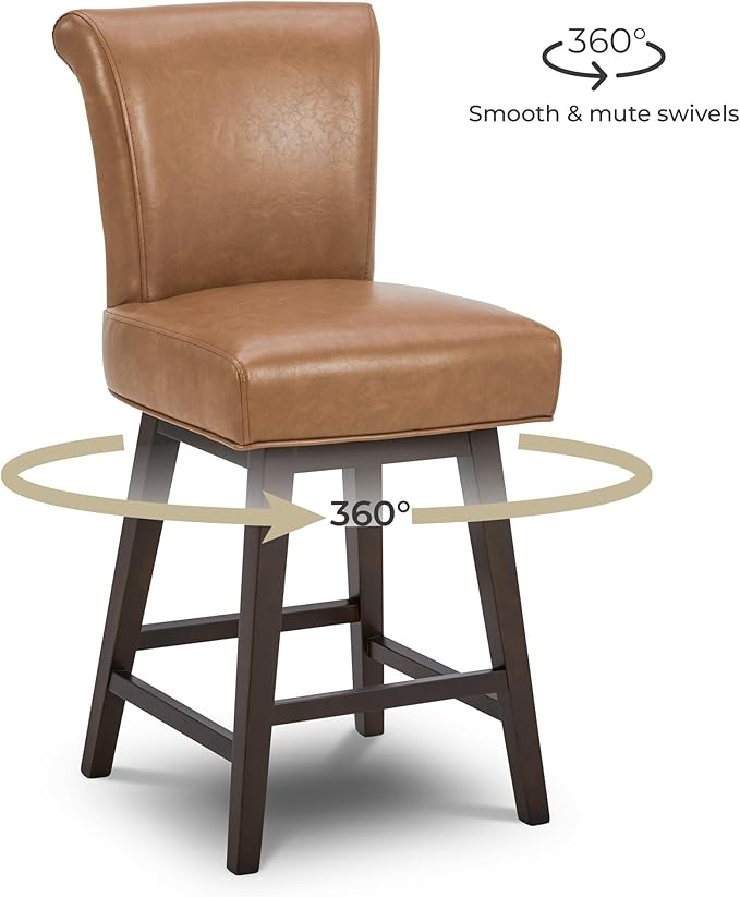 CHITA 26 Inch Counter Height Swivel Bar Stools Set of 4, FSC Certified Modern Upholstered Faux Leather Swivel Barstool Chair with Back, Saddle Brown