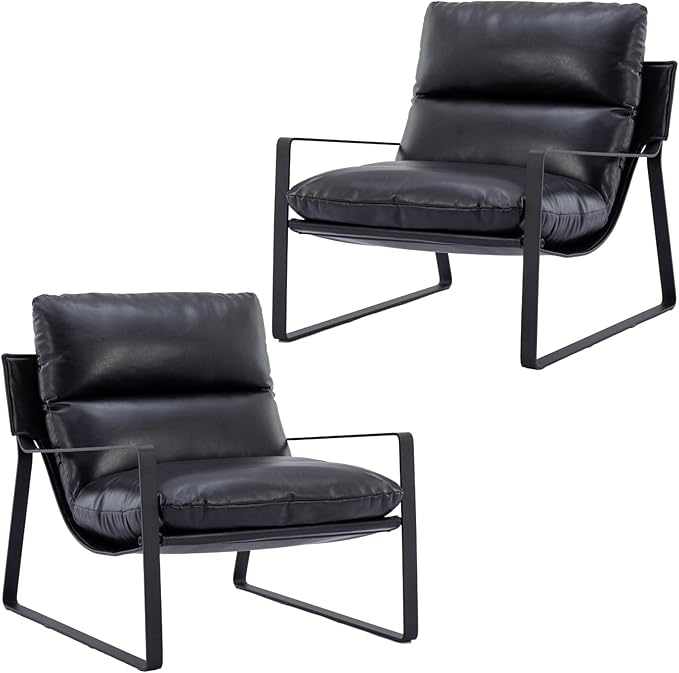 Mid-Century Accent Chair Set of 2, Comfy PU Leather Side Chair with Armrest, Upholstered Leisure Chair with Black Metal Frame for Living Room Bedroom Reception Room, Black