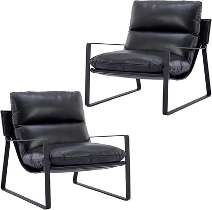 Mid-Century Accent Chair Set of 2, Comfy PU Leather Side Chair with Armrest, Upholstered Leisure Chair with Black Metal Frame for Living Room Bedroom Reception Room, Black