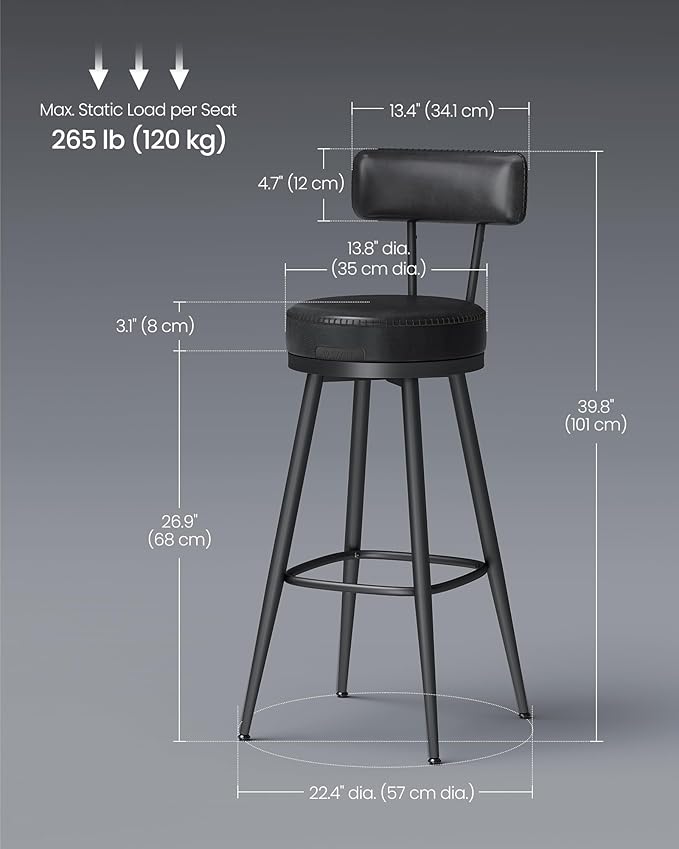 VASAGLE EKHO Collection - Bar Stools Set of 2, Swivel Bar Height Bar Stools with Back, Synthetic Leather with Stitching, Mid-Century Modern, 30-Inch Tall Barstools for Kitchen Home Bar, Ink Black