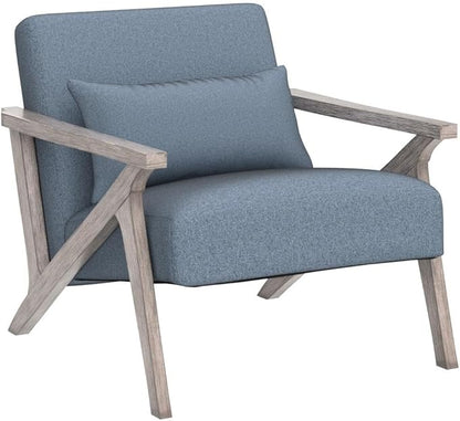 INZOY Mid Century Modern Chair with Wood Frame, Upholstered Armchair with Waist Cushion, Accent Chair for Living Room Bedroom Apartment, Easy Assembly, Blue