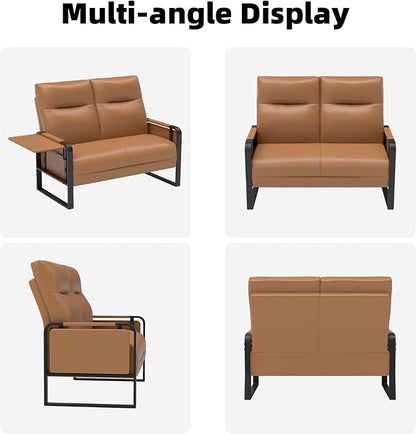Faux Leather Loveseat, Upholstered Loveseat with Side Tray Table & Storage Pocket, Small Loveseat for Living Room, Modern 2 Seater Sofa Couch for Small Spaces, Bedroom, Brown