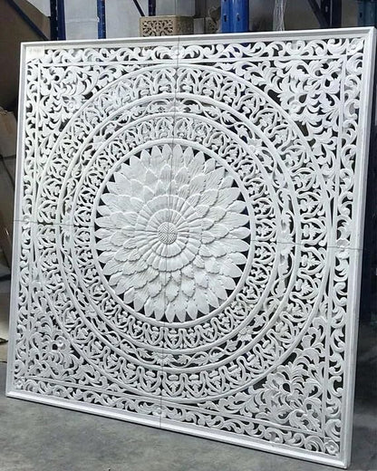 Wood Headboard Rustic | Carved Full Headboard Only | Wooden Headboard Full Size Bed | Wall Mount Headboard King or Queen | Full Bed Headboard Panels (Seruni White, California King)