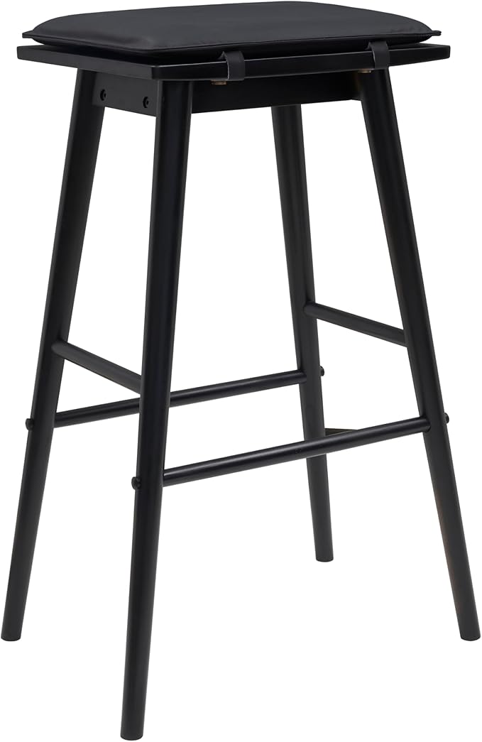 JONATHAN Y BSL2002C Peroni 30.5" MidCentury Classic Saddle-Seat Solid Wood/Vegan Leather Backless Bar Stool for Home, Kitchen, Workspaces, Cafes and Resturants with Removeable Cushion, Black