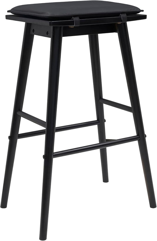 JONATHAN Y BSL2002C Peroni 30.5" MidCentury Classic Saddle-Seat Solid Wood/Vegan Leather Backless Bar Stool for Home, Kitchen, Workspaces, Cafes and Resturants with Removeable Cushion, Black