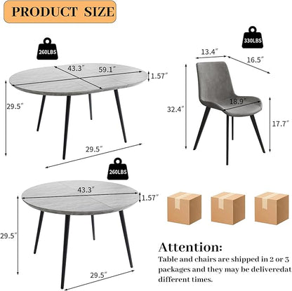 43.3"-59.1" Extendable Dining Table Set with Metal Legs, Wooden Round Kitchen Table for 4-6 Person, Gray Coffee Table w/Easy-Clean Tabletop