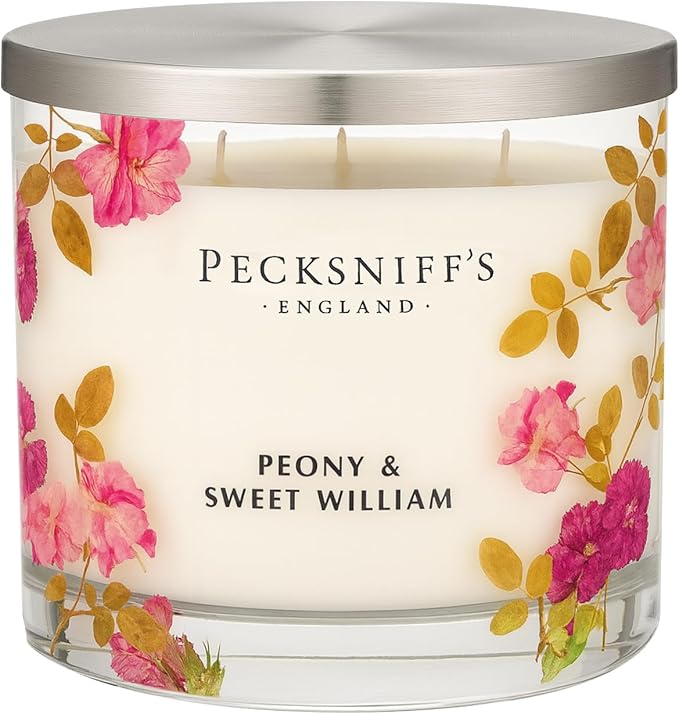 Pecksniff’s 3 Wick Candle – Peony & Sweet William, 550 g / 19.4 oz – Long Lasting Burn, Elegant Home Decor & Relaxing Ambiance