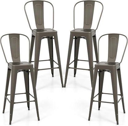 COSTWAY Metal Bar stools Set of 4, with Removable Back, 30'' Bar Height Stools with Rubber Feet, Stylish and Modern Chairs, for Kitchen, Dining Rooms, and Side Bar (Gun-Update, 30'')