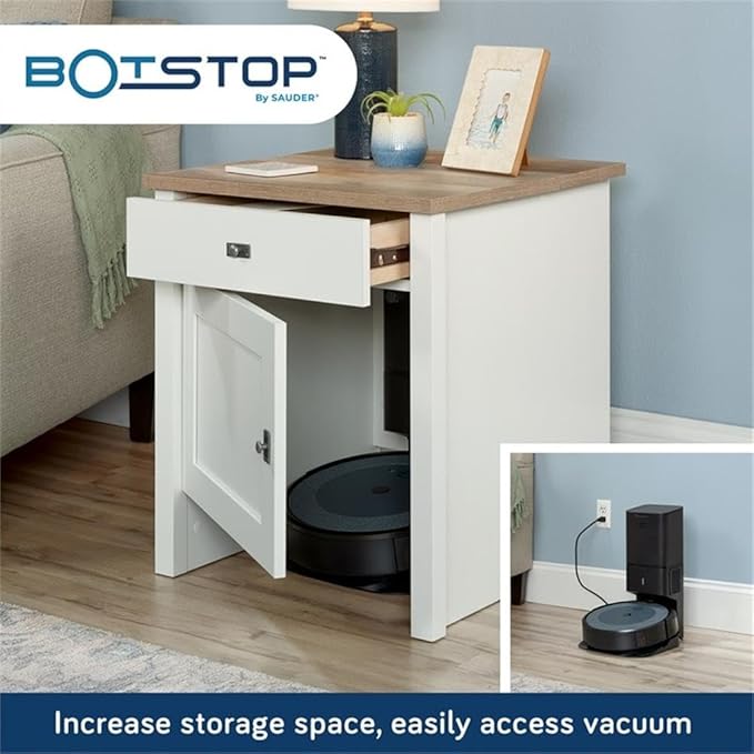 Sauder Homeplus Robot Vacuum Storage Side Table End Table Cabinet for Living Room, Bedroom, in Soft White