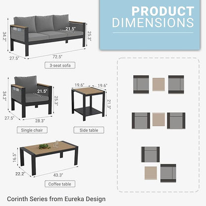 Corinth 3-Piece Aluminum Patio Conversation Set - Outdoor, Porch, Balcony, Yard, Gardern, All Weather, 2 Comfortable Sofa and 1 Coffee Table, Grey