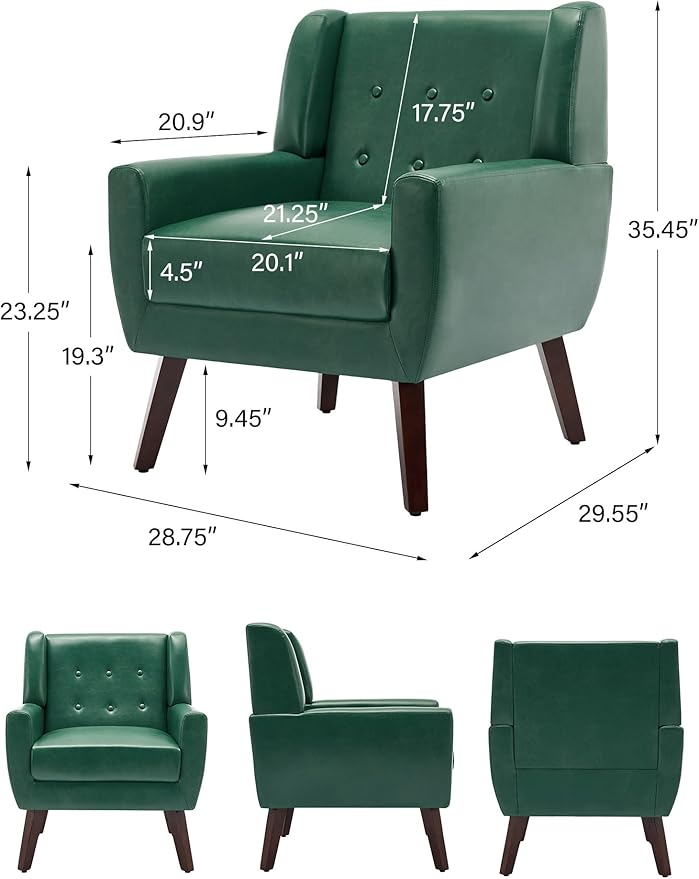 Accent Chair, Mid-Century Modern PU Leather Chairs with Arms for Living Room, Comfy Upholstered Club Single Sofa Armchair for Bedroom Waiting Room with Solid Wood Frame（Leather Green, Set of 1