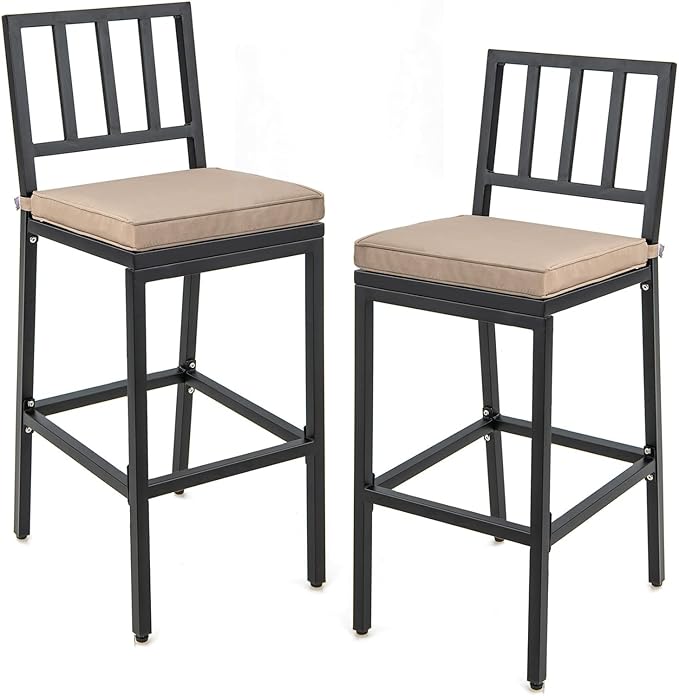 COSTWAY 2 PCS Patio Bar Chairs, Heavy-Duty Metal Frame Bar Stools Set of 2, Indoor Outdoor All-Weather Resistant Barstools with Detachable Cushion & Footrest, for Patio, Garden, Poolside