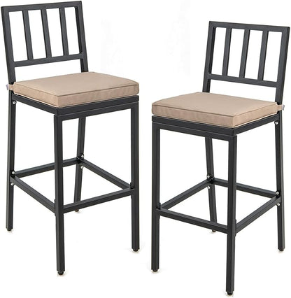 COSTWAY 2 PCS Patio Bar Chairs, Heavy-Duty Metal Frame Bar Stools Set of 2, Indoor Outdoor All-Weather Resistant Barstools with Detachable Cushion & Footrest, for Patio, Garden, Poolside