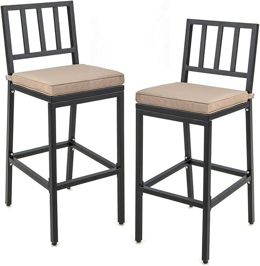 COSTWAY 2 PCS Patio Bar Chairs, Heavy-Duty Metal Frame Bar Stools Set of 2, Indoor Outdoor All-Weather Resistant Barstools with Detachable Cushion & Footrest, for Patio, Garden, Poolside